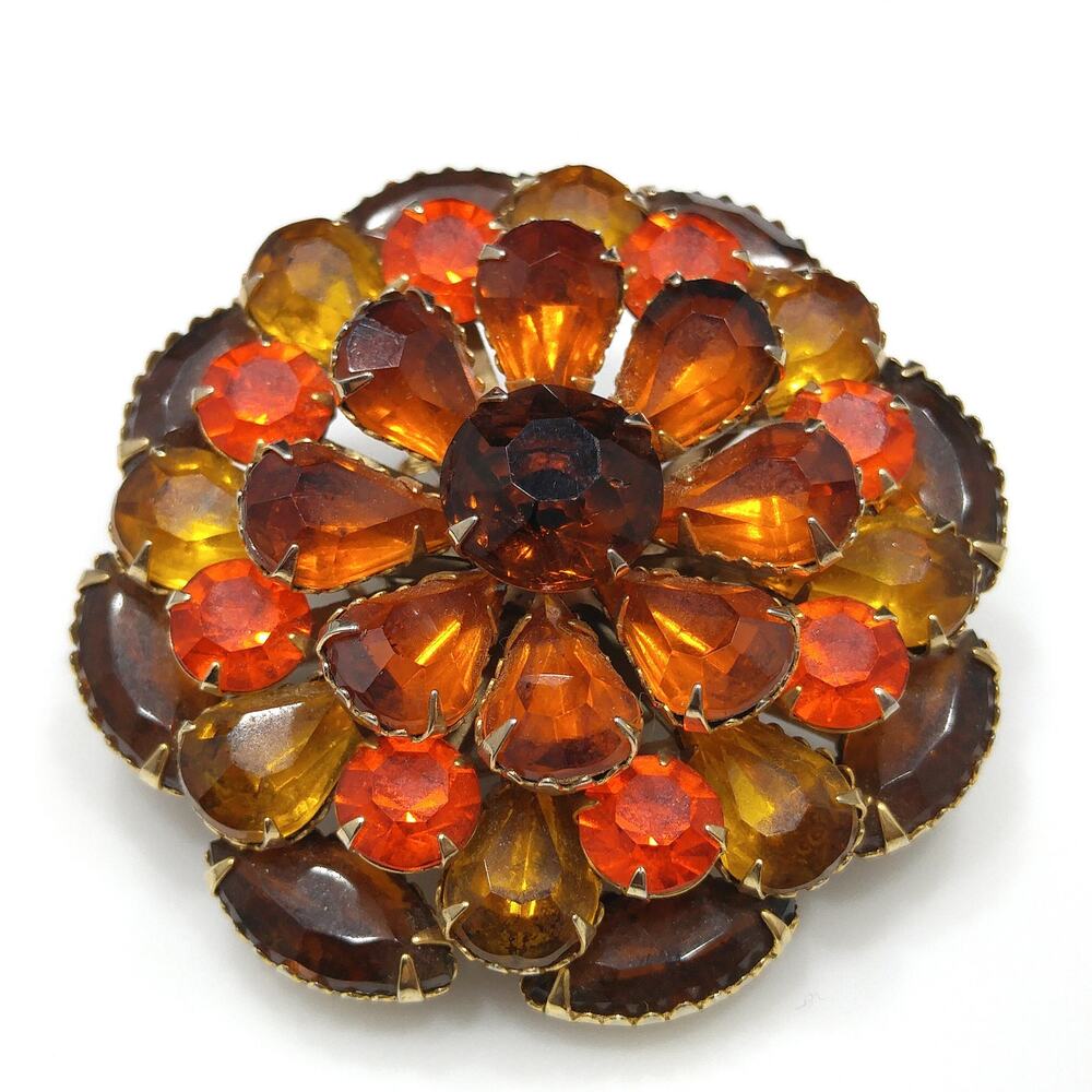 Autumn Fall Rhinestone Flower Brooch, Riveted Design, 1950s Vintage Jewelry